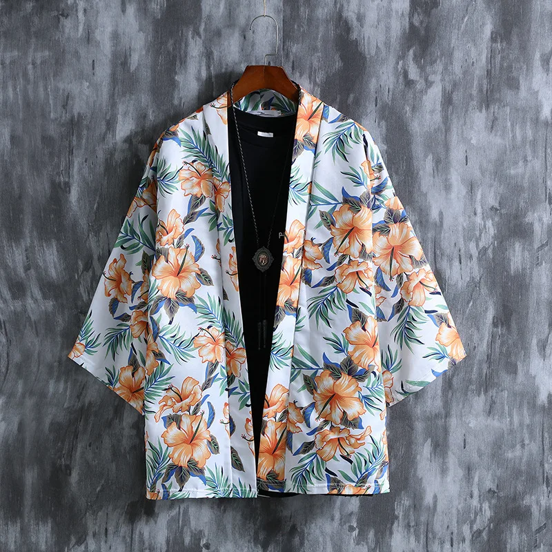 

Chinese style gown sunscreen coat seven-point sleeve beach shirt fresh pineapple lovers outfit Japanese style men's kimono