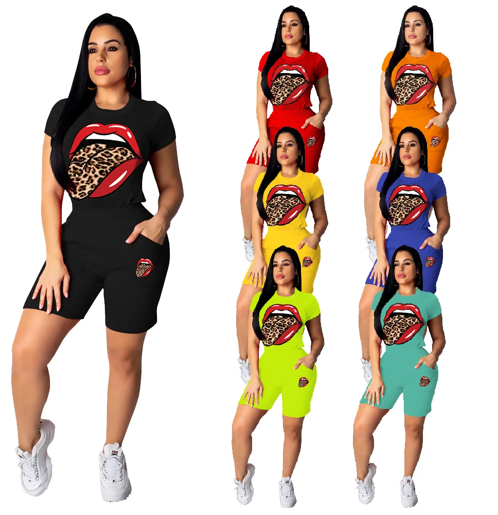 

2021 New Two Piece Short Set Women Clothing Sexy Short Solid Tongue Lips Prints Womens 2 Piece Outfit Gym Fitness Two Piece Set