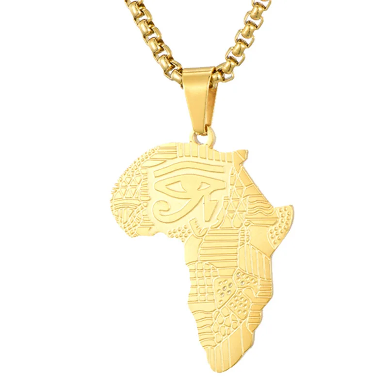 

Ancient Egypt Jewelry 18K Gold Plated Stainless Steel Eye Of Horus African Map Pendant Necklace