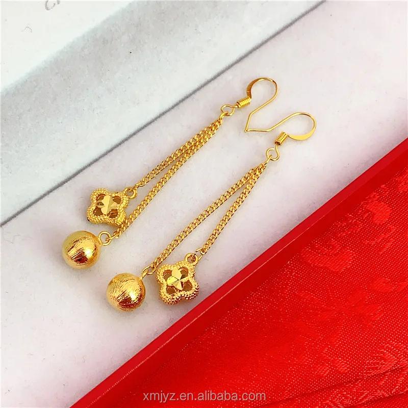 

Wholesale Copper Plated 24K Real Gold Flower Long Women's Earrings Cross Border Vietnam Sand Gold Round Beads Tassel Earrings