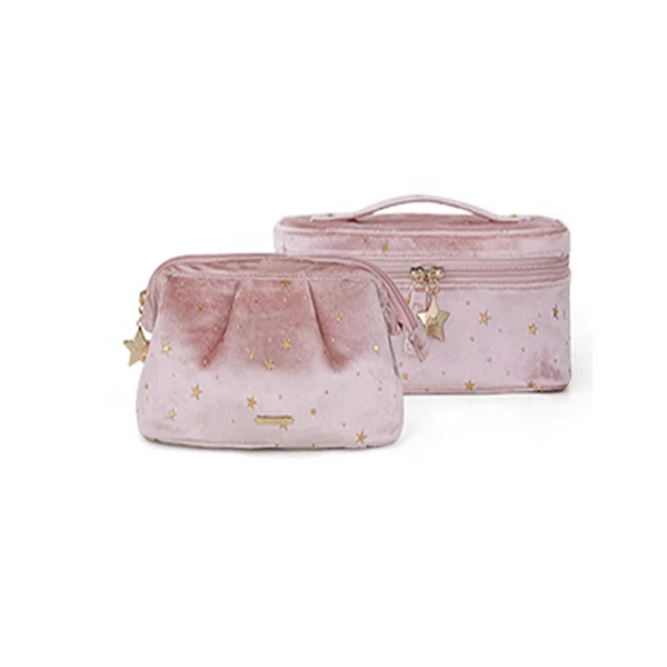 

Retail embroidery velvet cosmetic makeup organizer sets for women luxury corduroy bags, 2 colors,accept customize color