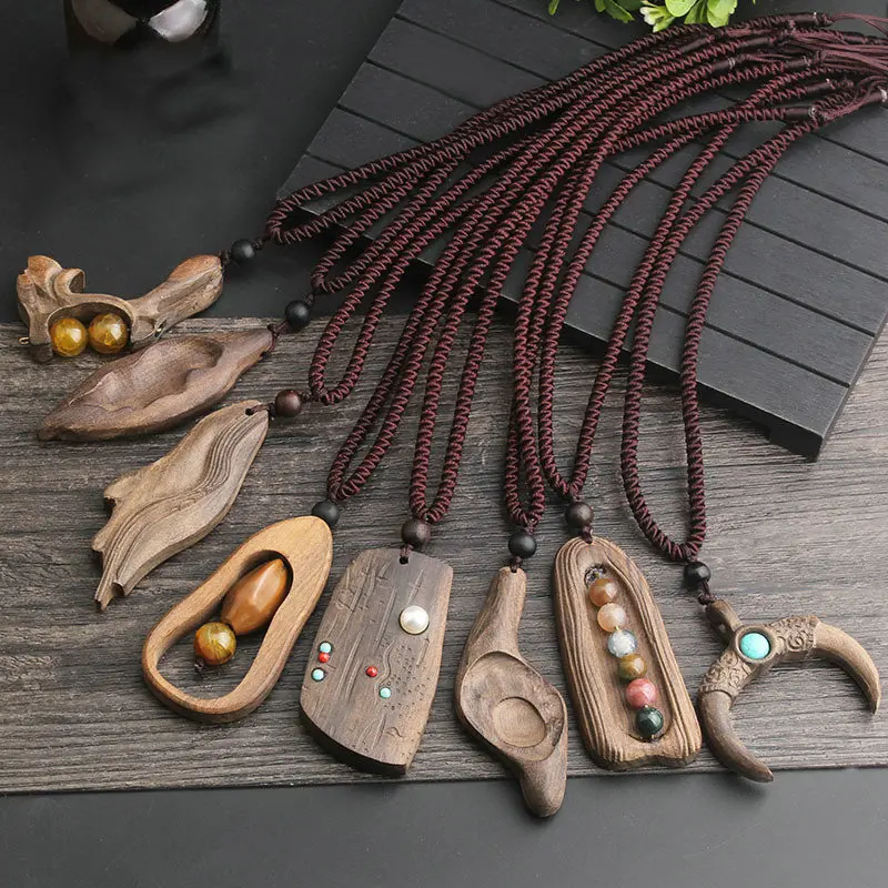 

Exaggerated exotic style retro long sweater chain wooden necklace, As picture