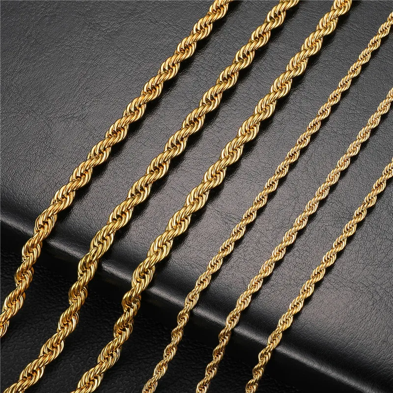 

In Stock Wholesale Men's Women Unisex Jewelry 18K Gold Plated Stackable Stainless Steel 3mm 5mm Rope Chain