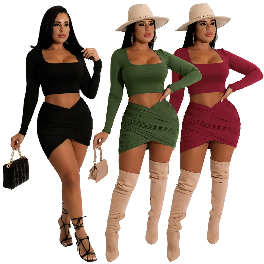 

Hot Sale M01189 - sexy knit solid color top and stack skirt women two piece set