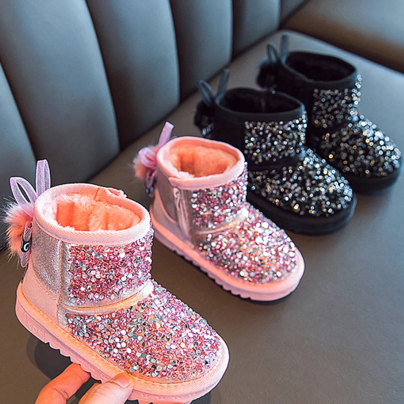 

Girls' Snow Boots New Winter Antiskid New Children's Sequined Princess Cotton Shoes Middle School Girls' Plush Warm BootsBaby