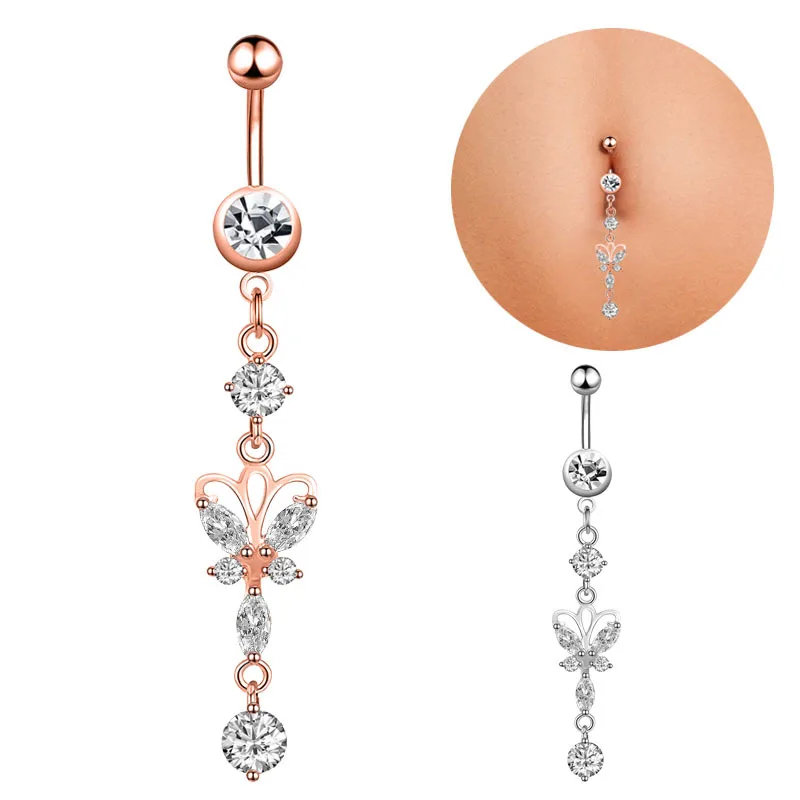 

Ruigang 2022 Amazon Hot Sale Clear Crystal Medical Steel Navel Ring Piercing Zircon Butterfly Belly Button Rings Dangle