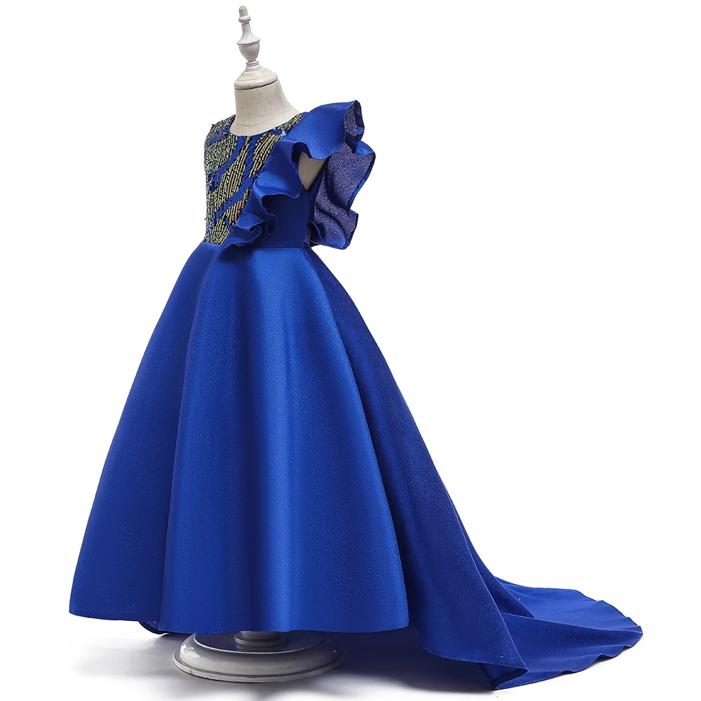 

High Quality Blue Princess Girl Dress Ruffle Sequined Skirt Floor Length Flower Girls Party Dress LP-251