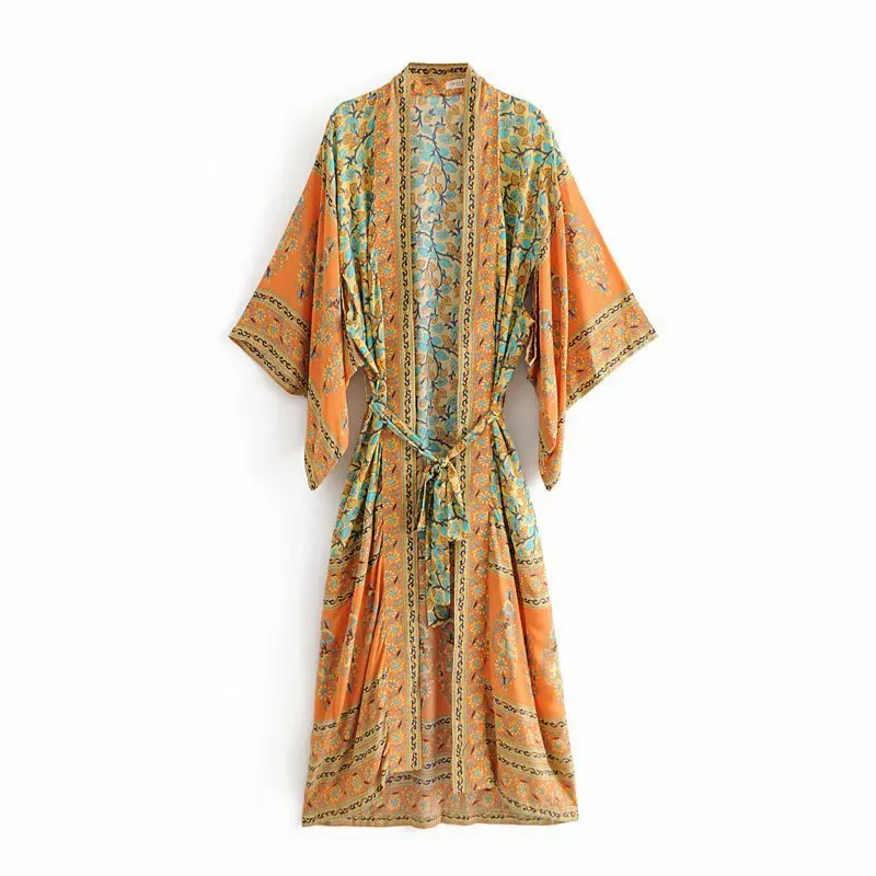 

hot selling Vintage Women yellow Floral Print Sashes bohemian Kimono Ladies V Neck batwing Sleeves Boho dress Beach Cover Up, Photo color