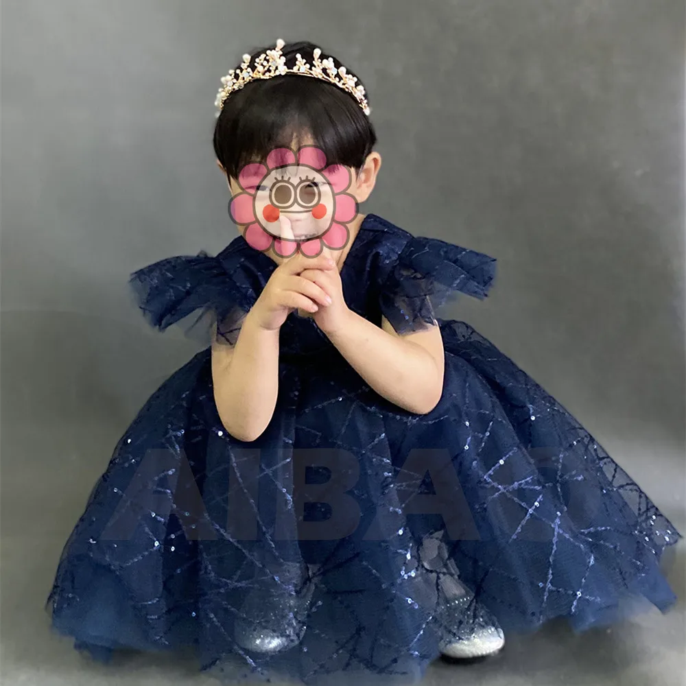

Navy Blue Tulle With Sequins Flower Girls Dresses