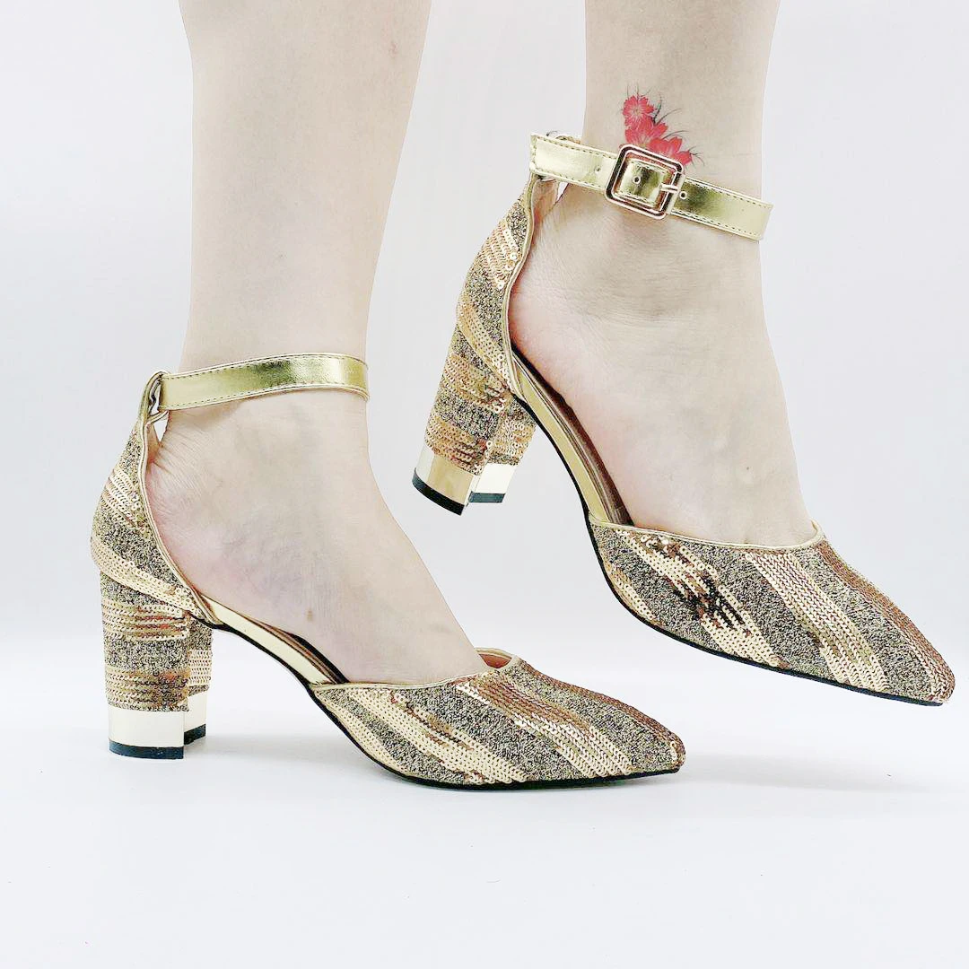 

Stripe Sequined High Heels for Ladies Bridal Shoes Square Heel Gold Silver Black Luxury Bridal Shoes African Women Pumps