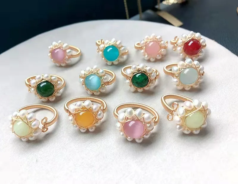 

Handmade 14K Gold Plated Pearl Healing Crystal Stone Jade Wire Beaded Rings Adjustable Open Finger Jewelry, Picture
