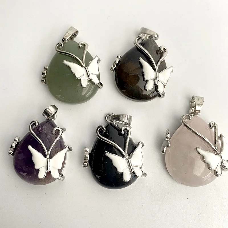 

Silver Color Eye Butterfly Natural Flower Pink Quartz Amethyst Water Drop Stone Crystal Pendant Necklace