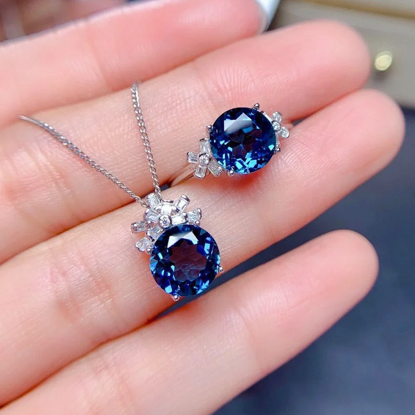 

Elegant Chic Blue Crystal Sapphire Gemstones Diamonds Pendant Necklace Rings for Women White Gold Filled Silver Jewelry Sets, Customized color