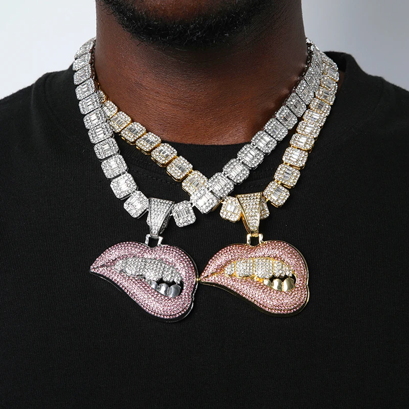 

Hip Hop Bite Lip Shape Pendant Necklace With 13mm Crystal Cuban Chain Iced Out Bling Hiphop Necklaces