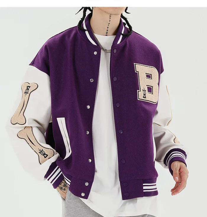 

Wholesale Custom Embroider Patched Logo Letterman Varsit Men Baseball Jackets With Leather Sleeves