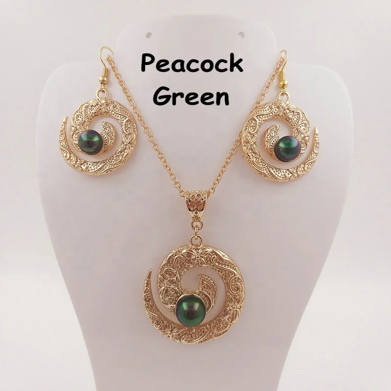 

Polynesian jewelry set shell pearl earring round shape gold color girl necklace green pearl Tonga design, 6 colors available