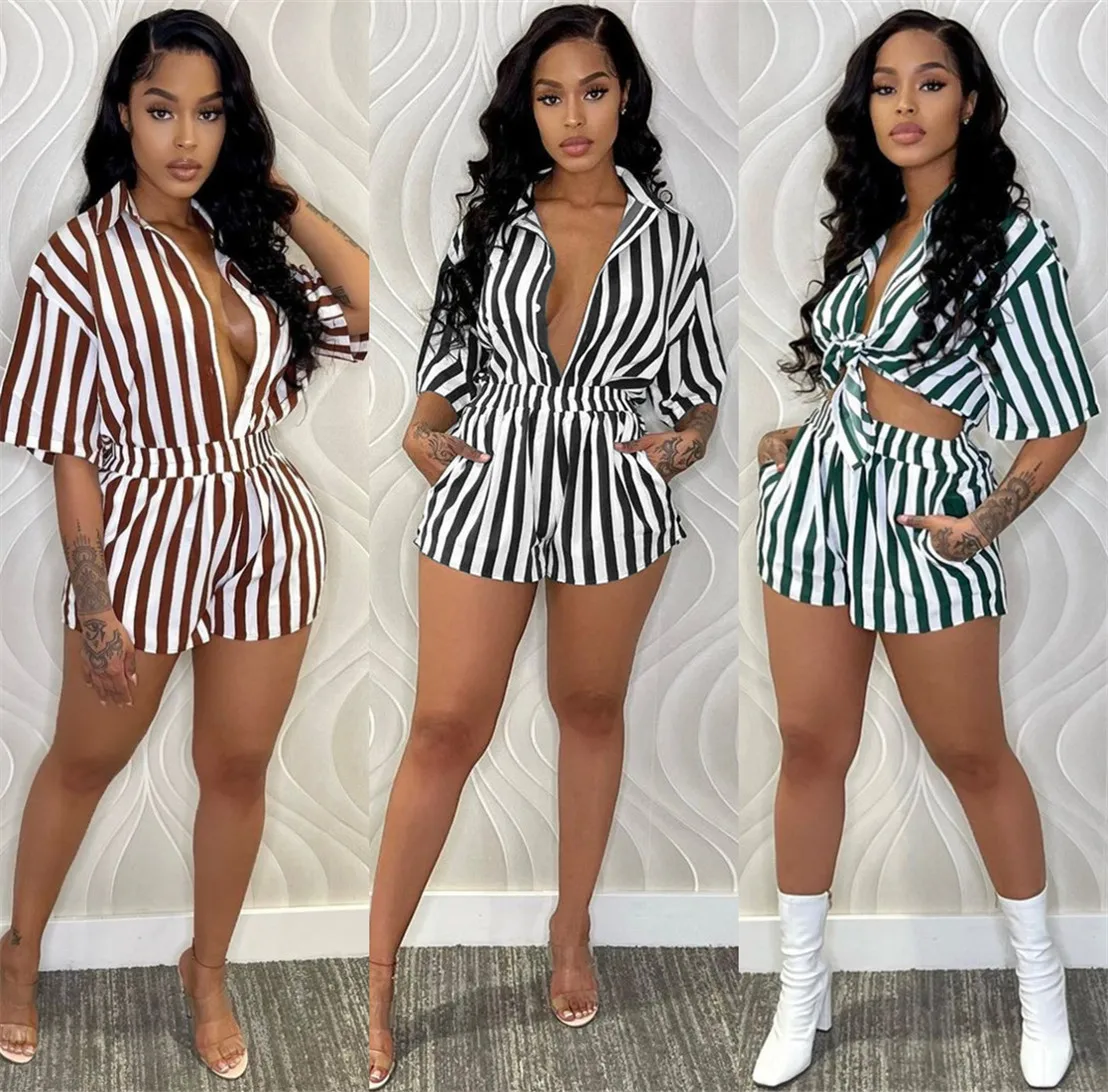 

Womens Summer Clothing 2022 Striped Shirt and Shorts 2 pc Shorts Set Womens 2 Piece Summer Set Short Two Piece Set with Stripes