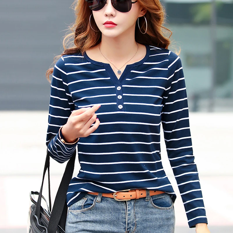 

Cotton T-Shirt Women Long Sleeve Striped T Shirt Spring Autumn Female Clothing Fashion Top Tee Lady V-neck Plus Size Tshirt 5XL
