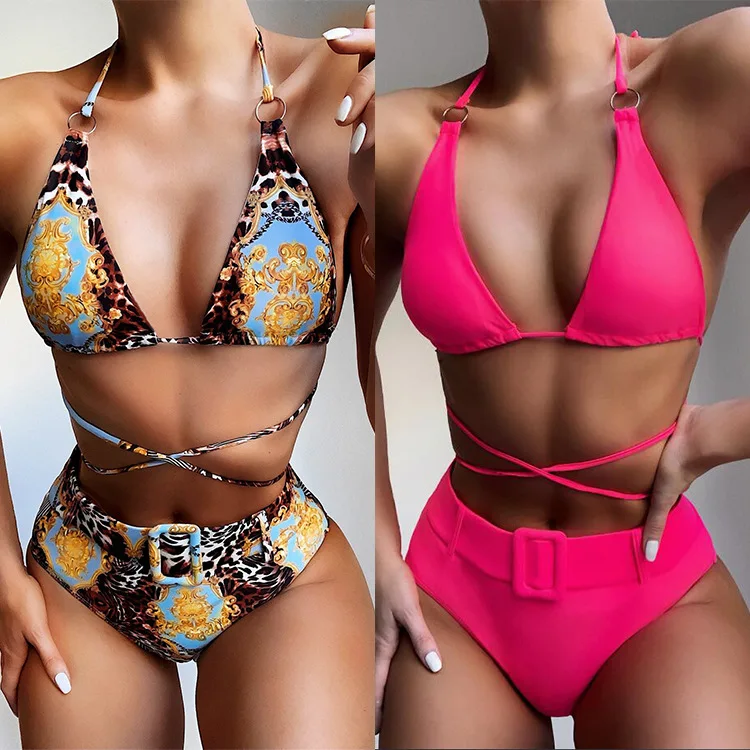 

2020 Swimwear Leopard Female New High Waist Print Halter Bikini Women's Split Swimsuit Two Piece Swimsuit With Belt Bathing Suit