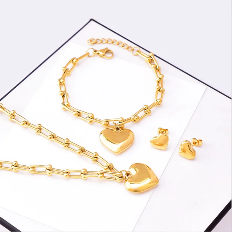 

U-shaped chain heart pendant earrings bracelet necklace set for women jewelry