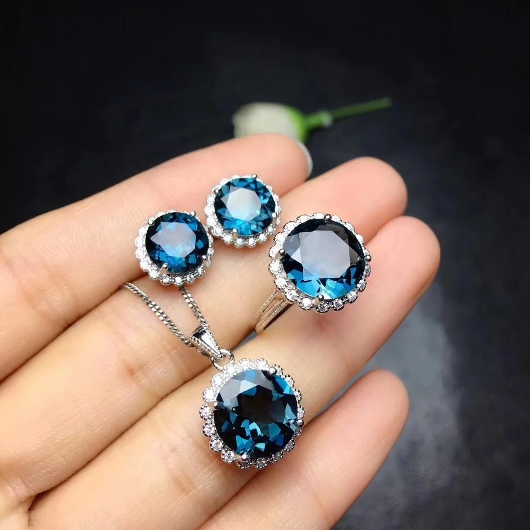 

4 Carats Blue Crystal Sapphire Zircon Diamonds Gemstones Pendant Necklaces Earrings Jewelry Sets for Women Party Accessories, Picture shows