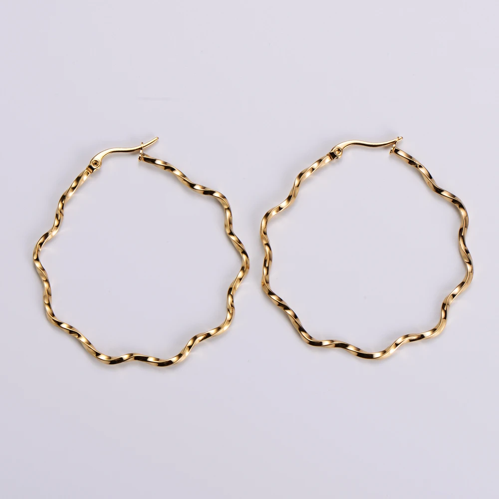 

ORDRM 52mm big party cute gold plated round wave stainless steel hoop earings jewelry for women girl 2021