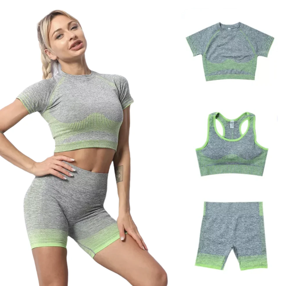 

Hot Sales Seamless Colors 3 Piece Short Yoga Set Comfortable Activewear Yoga Set