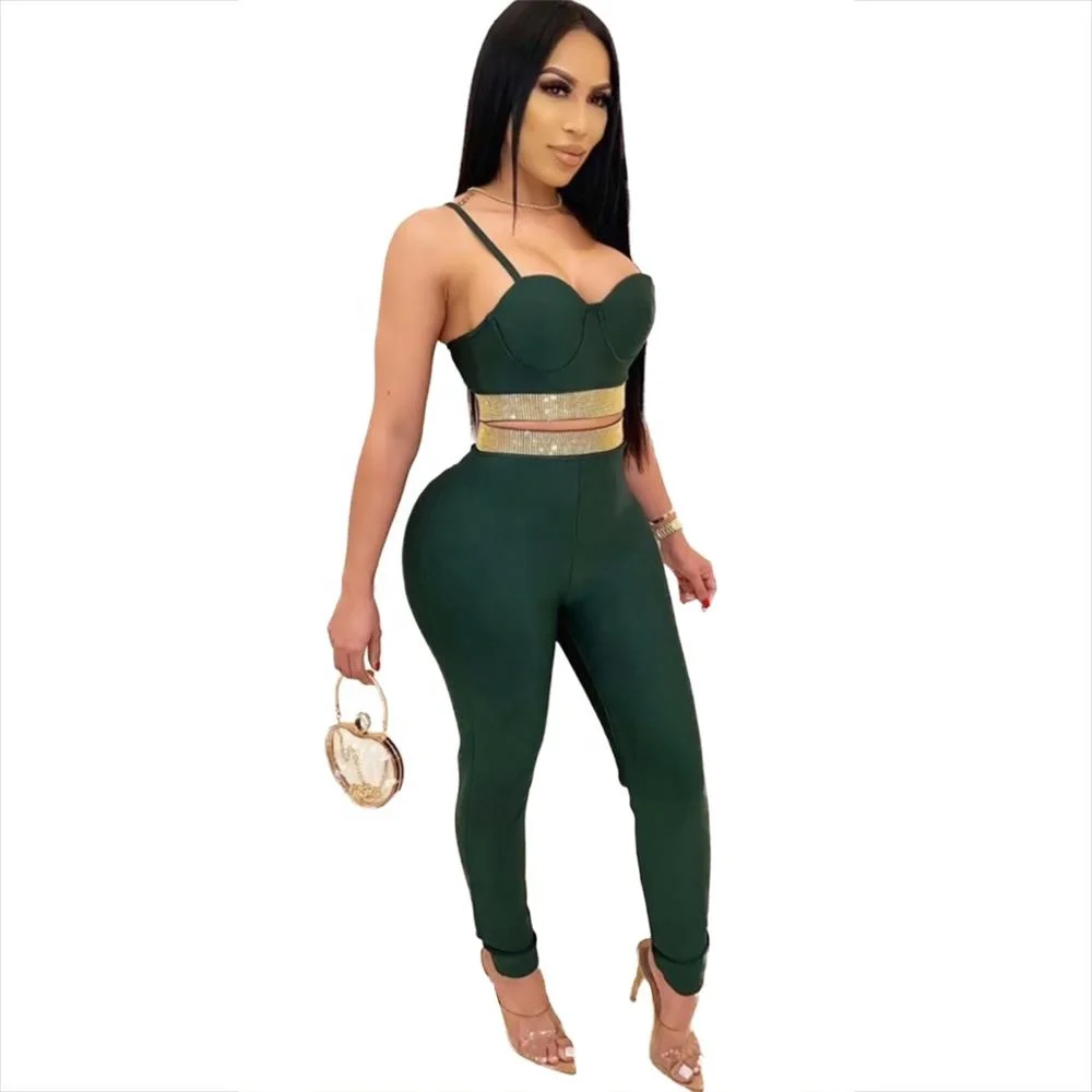 

Fashion Chic Style Amazon Hot sale Green beading Rayon Bandage Two Piece Set Crop Top Pants F2149, Green, fuchsia