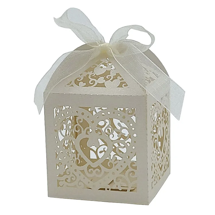 

Love Heart Laser Cut Wedding Party Favor Box Candy Bag Chocolate Gift Boxes Bridal Birthday Shower Bomboniere with Ribbons