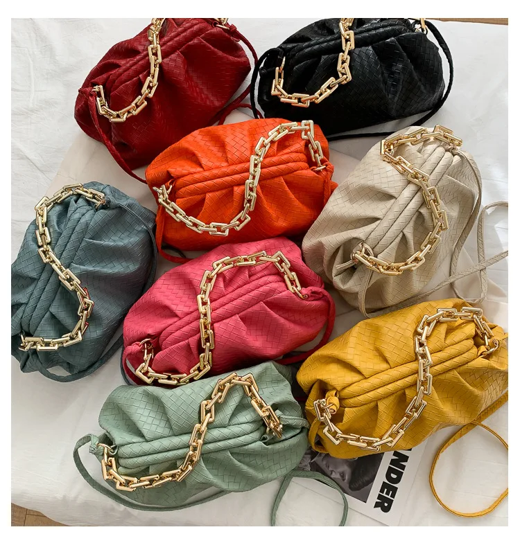 

2021 large size luxury underarm chain soft PU leather thick chain handbag cloud bag dumpling Folded Cloud Bag Solid Color, As pic