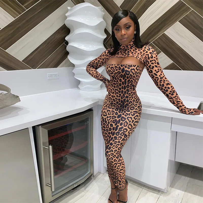 

S73083 - fashion sexy long sleeve leopard printed stacked hollowed-out women dress