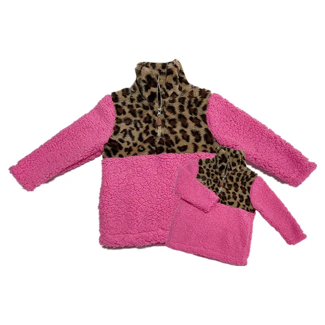 

Winter Hot Pink Fluffy Half Zipper Thicker Family Matching Fleece Pullover, Leopard print