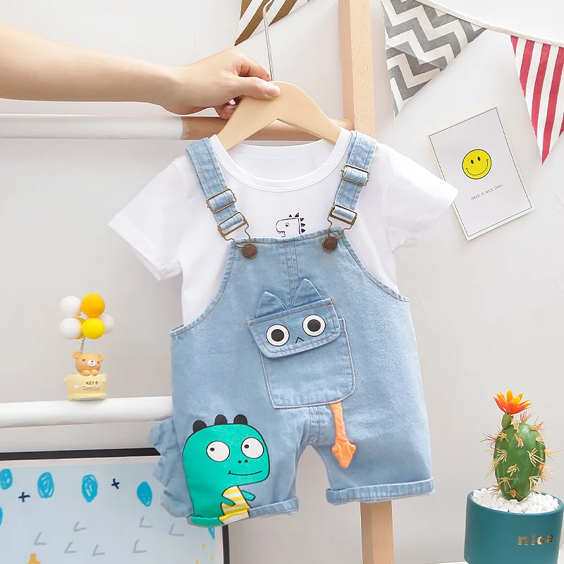 

New design kids clothes baby cartoon dinosaur overalls suit 0-5 years old male and female baby suit two-piece