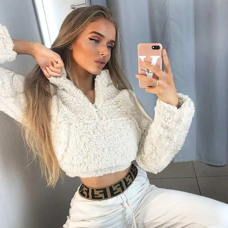 

2020 winter wholesale drop-shipping autumn winter women sweatshirt coat pullover lambswool teddy crop top streetwear casual, White/pink