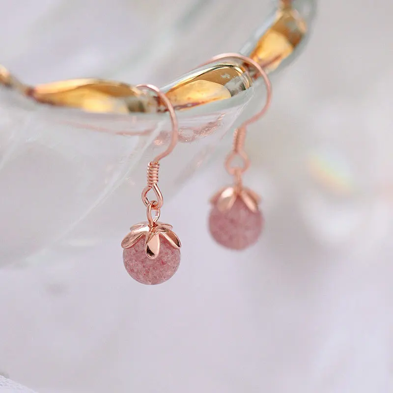 

Elegant Accessory Sterling Silver Back Crystal Strawberry Shape Hook Earring Pink Crystal Ball Drop Earring For Girls