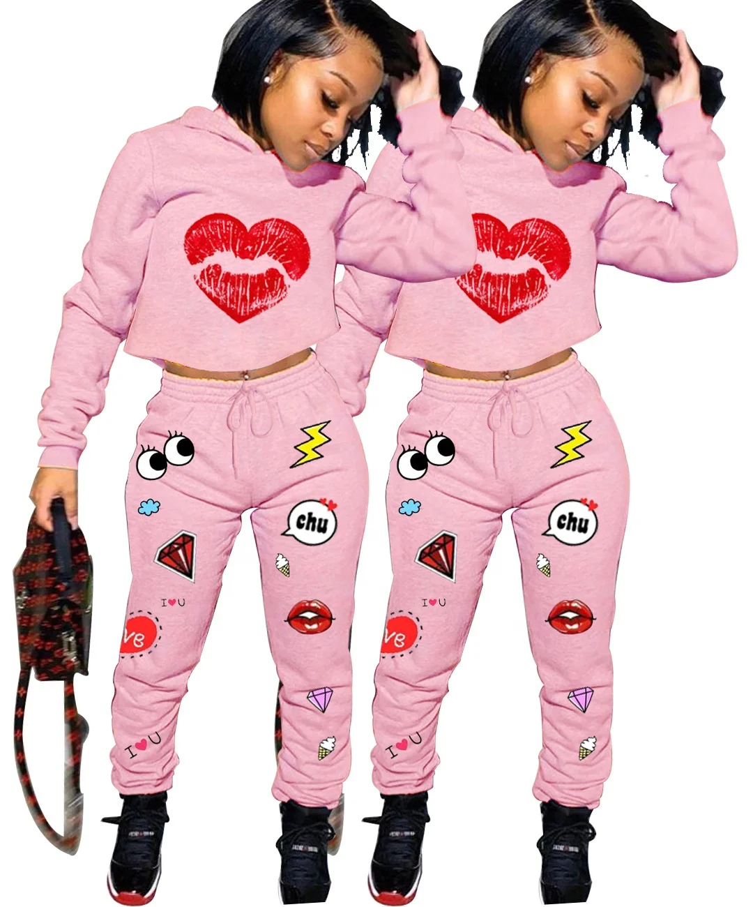 

MT136-959 Wholesale women's clothing fashion flower printed round neck casual long sleeve hoodie sets women Two-piece suit