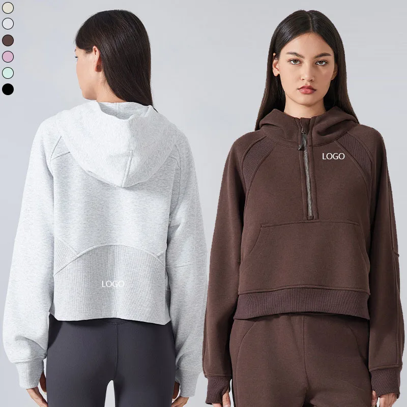 XW-DAW139 Pocket Half Zip Gym Fitness Hoodie High Neck Hood Strength Training Sportswear Thumbhole Yoga Hoodie