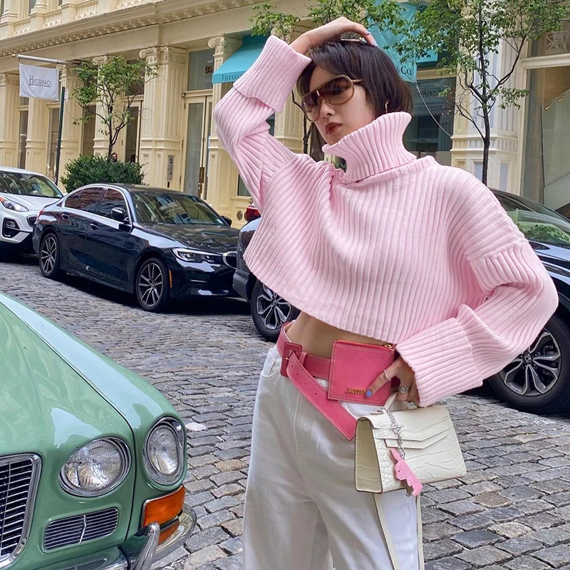 

Autumn Winter New Women's Turtleneck Sweaters Knitted Crop Sweaters Streetwear Pink Yellow Casual Lady Pullovers