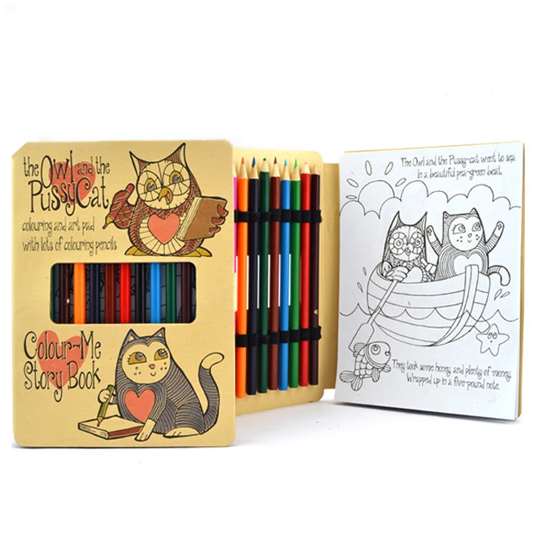 

Custom Eco friendly Kraft Cartoon animal print Drawing Notebook with color pencil Coloring book for kids christmas gifts