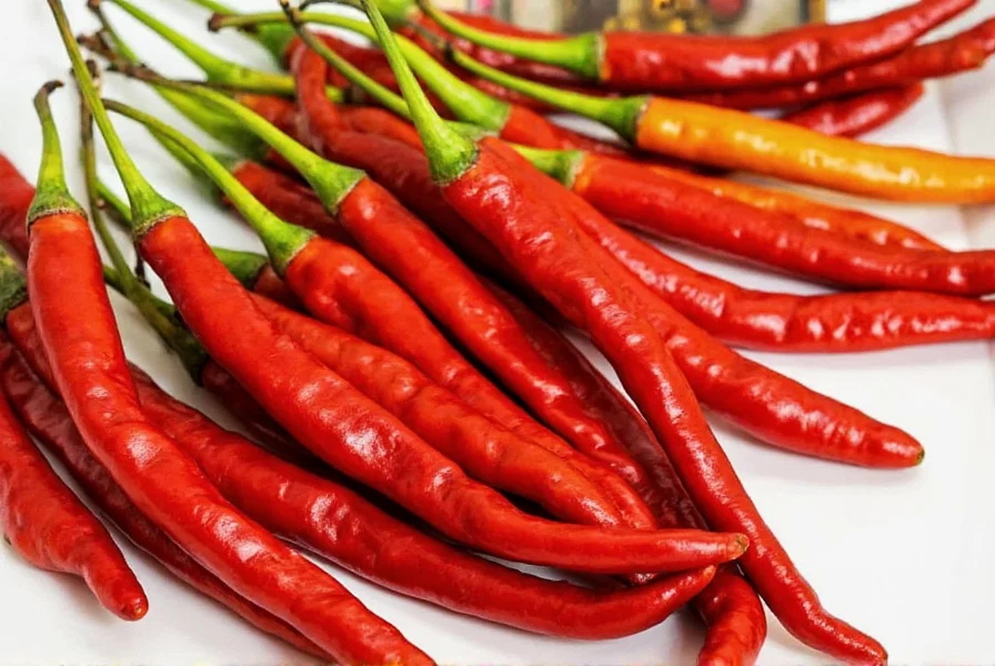 Frische rote und grüne Chilischoten auf einem Holzbrett arrangiert