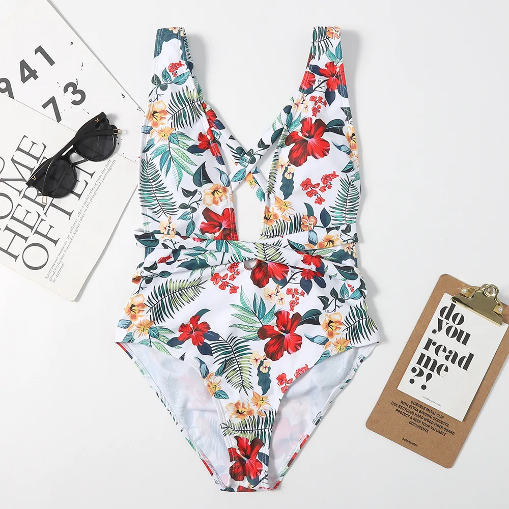 

Yingchao 2021 Fashion Hot Summer Designer Sexy Deep V Mature Bandage Beach Print One Piece Women Bikini Swimwear Women Swimsuit
