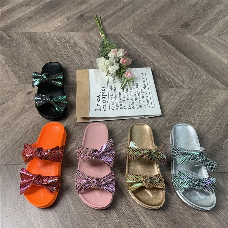 

Two Straps Big Double Bowknot Microfiber Shoes Cork Slides Flat Ladies Sandals Slippers For Women, Customized color