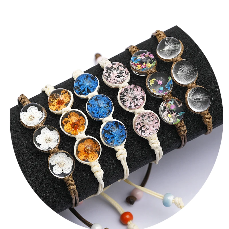 

New Handmade Bracelets Dried Flower Jewelry Glass Ball Weave Adjustable Girls' Boho Bracelet With Dry Flower