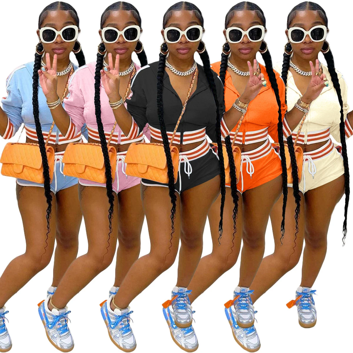 

2022 Summer Casual Women Patchwork Striped Zipper Up Hooded Crop Top Sexy 2 Piece Short Pants Set Two piece Booty Short Set, Picture color