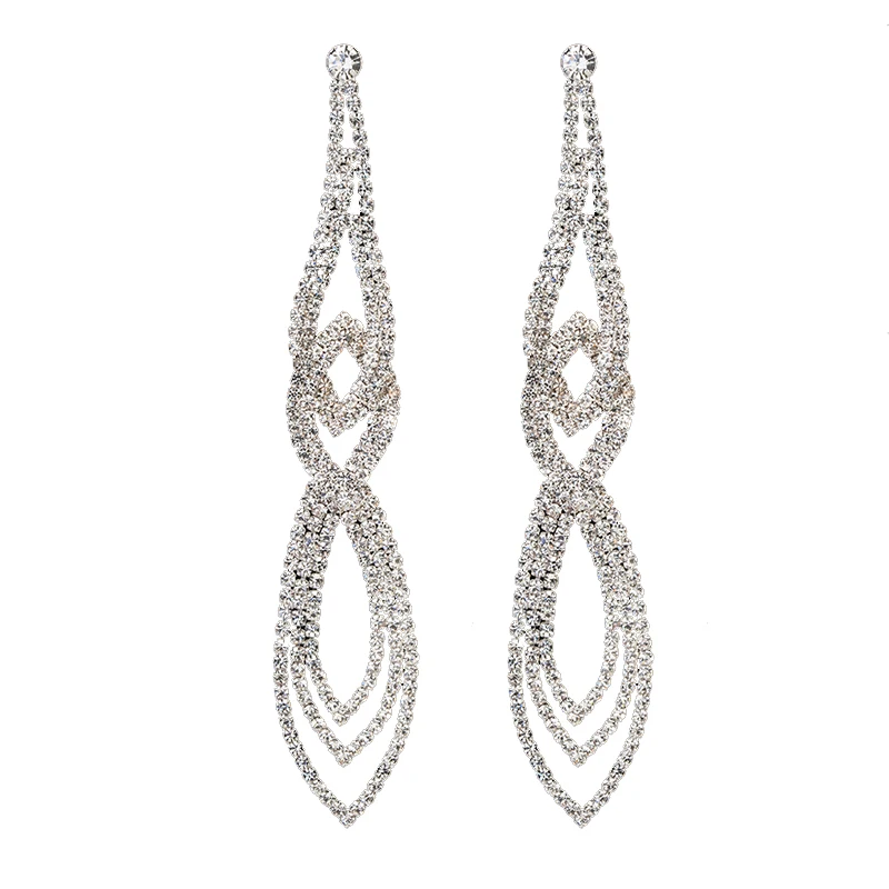 

Crystal earrings wholesale rhinestone earrings long water droplets bride crystal cross combination earrings jewelry gift, White