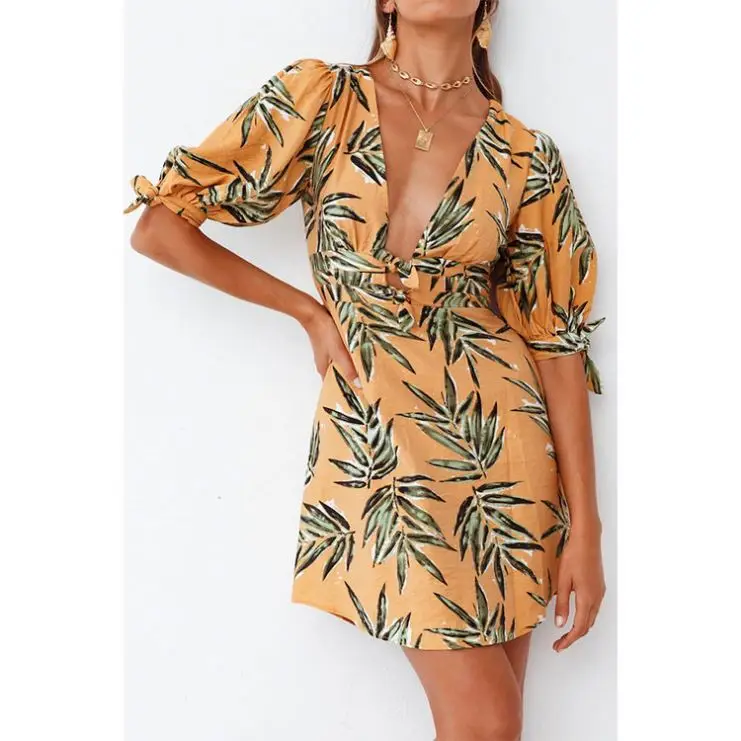 

PEARL Good Quality 2021 Womes Short Sleeve Leaves Printed Deep V Neck Summer Dress Lady Casual Dresses Women