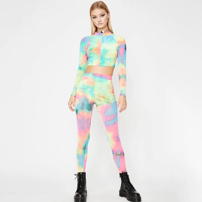 

European and American Hot-selling Spring 2021 New Women's Tie-dye Zipper Top Casual Fashion Suit, Colorful