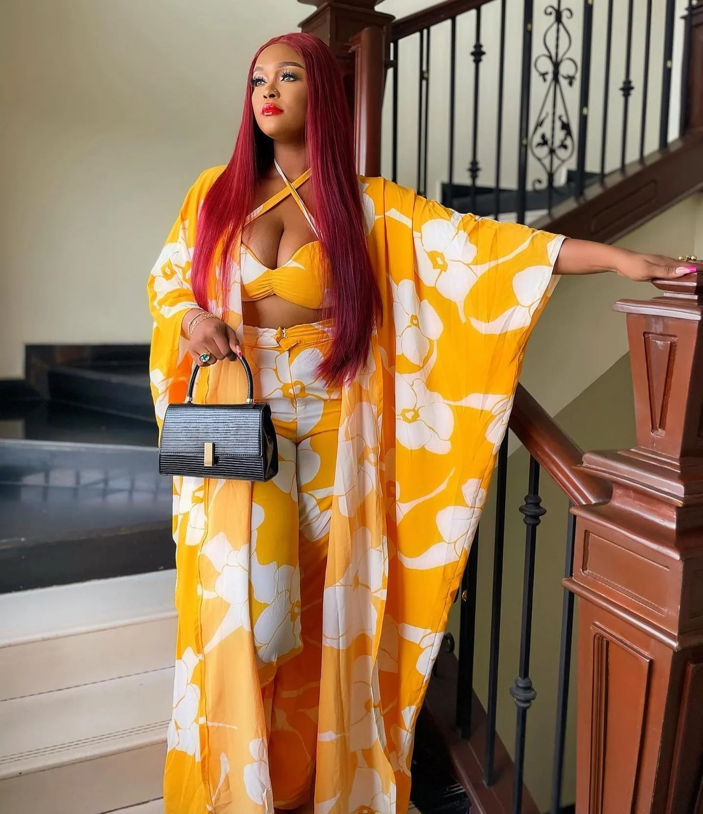 

2021 New Fashion 4 Piece Set African Sexy Floral Print Cape Coat+ Bra+Scarf+Long Wide Leg Pants Sets Dresses For Women