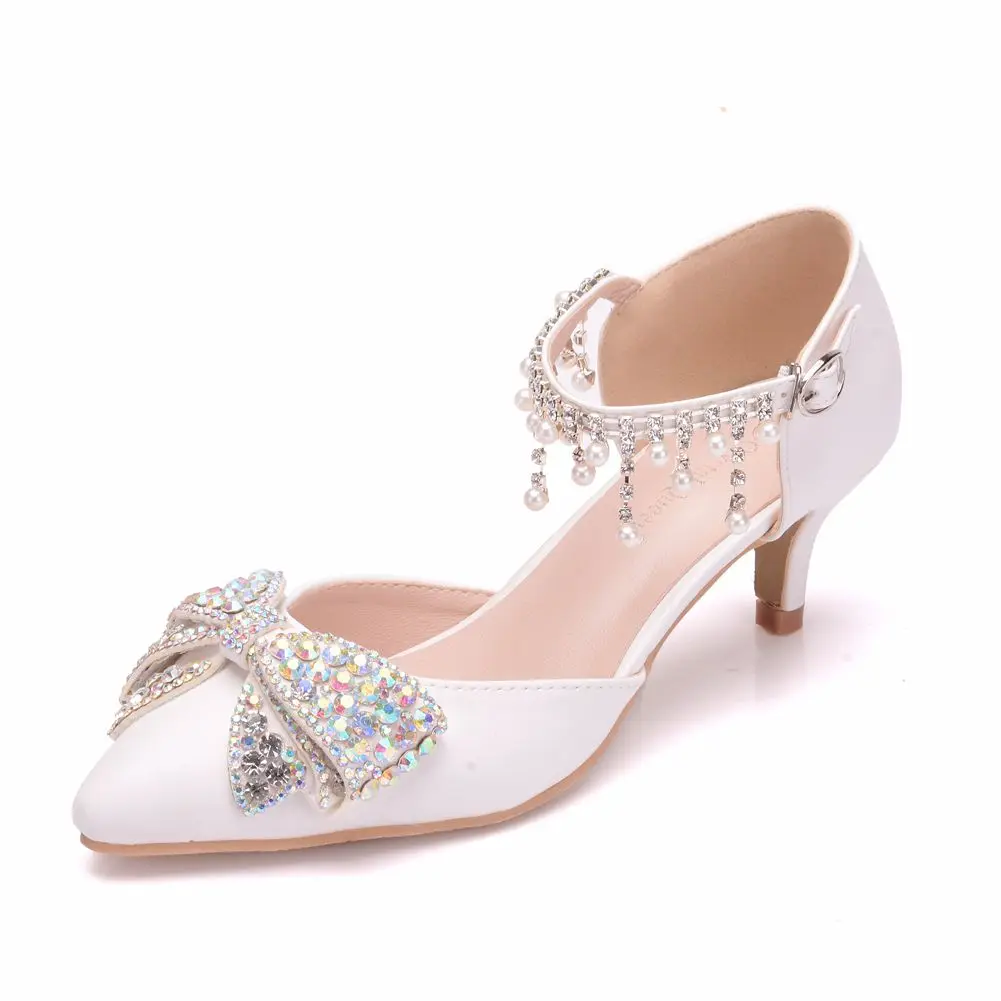 

5cm Small Thick Low Heel Pointed Toe White Sandals Mary Jane Sandals Rhinestone Bowknot Beaded Wedding Shoes for Bride