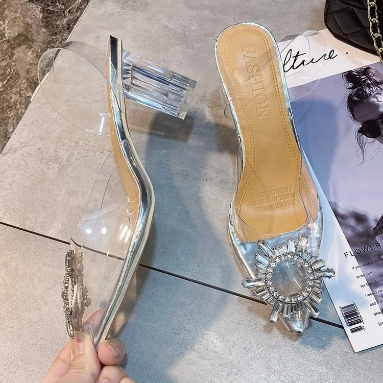 

Fashion PVC Sunflower High Pumps Wedding Slingback Open Pointed Toe Clear Slipper Block Heels